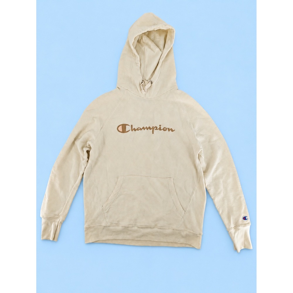 Champion Hoodie Mens Medium Cream White Pullover Script Logo Fleece Sweatshirt